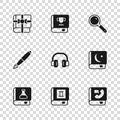 Set Book, Holy book of Koran, Phone, Headphones, Magnifying glass, gift, and Fountain pen nib icon. Vector Royalty Free Stock Photo