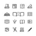 Collection of Open and Closed Books, Stack of Books, and Writing Tools Icons Royalty Free Stock Photo