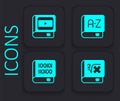 Set Book with mathematics, about cinema, Translator book and Books programming icon. Black square button. Vector Royalty Free Stock Photo