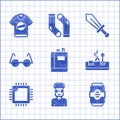 Set Book, Nerd geek, Energy drink, Gamepad, Processor with CPU, Eyeglasses, Sword for game and T-shirt icon. Vector