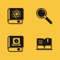 Set Book about physics, Open book, User manual and Magnifying glass icon with long shadow. Vector