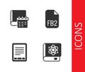Set Book about physics, Daily paper notepad, E-Book reader and FB2 File icon. Vector Royalty Free Stock Photo