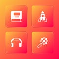 Set Book, Rocket ship toy, Headphones and Rattle baby icon. Vector