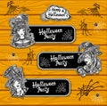 Set bookmarks or banners for coloring on Halloween with witches Royalty Free Stock Photo