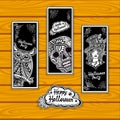 Set bookmarks for coloring on Halloween with owl skull witch