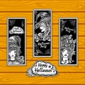 Set bookmarks for coloring on Halloween with witches Royalty Free Stock Photo