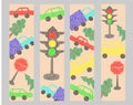 Set bookmarks with hand drawn cars on beige background in childrens naive style Royalty Free Stock Photo