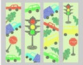 Set bookmarks with hand drawn cars on green background in childrens naive style Royalty Free Stock Photo