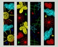 Set bookmarks with hand drawn flowers, stars, sun, clouds, on black background in childrens slyle Royalty Free Stock Photo