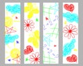 Set bookmarks with hand drawn flowers, stars, sun, clouds, on white background in childrens slyle