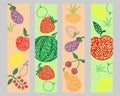 Set bookmarks with hand drawn watermelon, cherry, apple, pear, lemon, strawberry, eggplant, currant, onion on beige and green Royalty Free Stock Photo