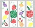 Set bookmarks with hand drawn watermelon, cherry, apple, pear, lemon, strawberry, eggplant, currant, onion on white background in Royalty Free Stock Photo