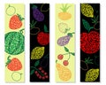 .Set bookmarks with hand drawn watermelon, cherry, apple, pear, lemon, strawberry, eggplant, currant, onion on yellow and black Royalty Free Stock Photo