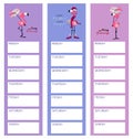 Set of bookmarks. Little flamingo. School timetable template, children`s organizer, planning. Vertical layout card templates. Stat