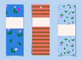 A set of bookmarks. Simple cute tulip pattern on blue and orange background. Tags, labels with floral print. vertical banners Royalty Free Stock Photo
