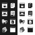 Set Books about programming, Browser with shield, Software, Clipboard checklist, Computer monitor screen, window and Royalty Free Stock Photo