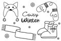 Set of boots, cute hat, scarf and mittens, warm winter accessory, doodle style flat vector outline Royalty Free Stock Photo