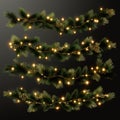 Set of Border with green fir branches, gold lights isolated on transparent background. Pine, Merry Christmas garland. 3D border Royalty Free Stock Photo