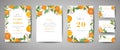 Set of Botanical wedding invitation card, vintage Save the Date, template design of orange, citrus fruit, flowers and leaves Royalty Free Stock Photo