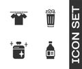 Set Bottle for cleaning agent, Drying clothes, Clean cooking pot and Full trash can icon. Vector Royalty Free Stock Photo