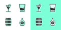 Set Bottle of cognac or brandy, Cocktail, Wooden barrel and Glass vodka icon. Vector Royalty Free Stock Photo