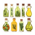 set of bottle of different olive oil with herbs