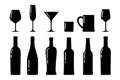 Set of bottle and glasses silhouettes,beverage containers and goblets.Alcohol drink icons collection.Simple logos.Shape basis for Royalty Free Stock Photo