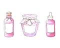 Set of bottle, jar, candle and salt