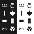 Set Bottle with love potion, Burning candle, Wedding rings, Smiling lips, Mobile heart, Heart hand and Key shape icon