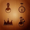 Set Bottle with love potion, Bottle with love potion, Crown and Unicycle or one wheel bicycle on wooden background