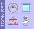 Set Bottle with love potion, Masons, Circus tent and Magician hat icon. Vector