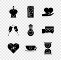 Set Bottle with love potion, Mobile heart, Heart in hand, Candy shaped box, Coffee cup, the center hourglass, Glass