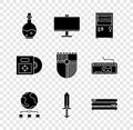 Set Bottle with magic elixir, Computer monitor, network, Sword for game, Video console, CD DVD disk in box and Shield
