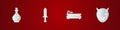 Set Bottle with magic elixir, Sword for game, Video console and Mask of the devil horns icon. Vector Royalty Free Stock Photo