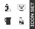 Set Bottle milk and glass, Whipped cream in bottle, Milk jug or pitcher and Cow head icon. Vector Royalty Free Stock Photo