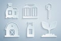 Set Bottle with milk, Shovel, Farm house, Plant, Granary and Pack full of seeds of plant icon. Vector