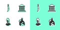 Set Bottle of olive oil, Dagger, Ancient bust sculpture and Parthenon icon. Vector