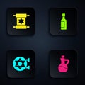 Set Bottle of olive oil, Torah scroll, Jewish synagogue and wine bottle. Black square button. Vector