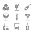 Set Bottle opener, Glass of vodka, Beer bottle, Martini glass, tap with, Wine, Opened wine and Wooden barrels icon