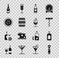 Set Bottle opener, Whiskey bottle, Wine corkscrew, Beer, Wooden barrel, Alcohol 21 plus, Champagne and Cocktail icon