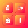 Set Bottle with pills for potency, Video camera Sex, Shopping bag triple X and Dildo vibrator icon. Vector