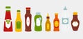 Set of bottle sauce flat style. Vector illustration of natural soy sauce, ketchup, mayonnaise, wasabi, hot chili Royalty Free Stock Photo