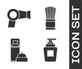 Set Bottle of shampoo, Hair dryer, Shaving gel foam and Shaving brush icon. Vector