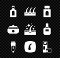 Set Bottle of shampoo, Human hair follicle, Aftershave, Electric razor blade, Shaving gel foam, Gel wax for styling and