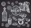 Set bottle tequila, cocktail glasses, orange, ice, citrus on black chalk board background Vintage hand drawn sketch