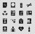 Set Bottle of water, Coffee machine, French press, Newspaper and coffee, beans, poster and book icon. Vector