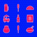 Set Bottle of water, Corn dog, Rice in bowl with chopstick, Hard bread chucks crackers, Khinkali on cutting board, Fast