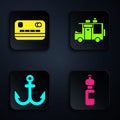 Set Bottle of water, Credit card, Anchor and Rv Camping trailer. Black square button. Vector