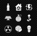 Set Bottle of water, Eco House with recycling symbol, Recharging, Radioactive, Earth globe and leaf, LED light bulb