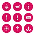 Set Bottle of water, Parking, Anchor, Credit card, Sun, Flashlight, Campfire and pot and Coffee cup icon. Vector Royalty Free Stock Photo